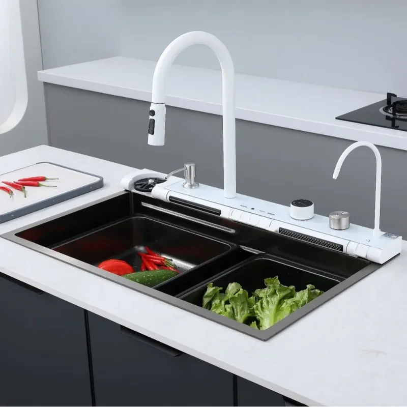White Longyu Waterfall 304 Stainless Steel Kitchen Sink with Vegetable Basin High Pressure Dishwasher Compatible