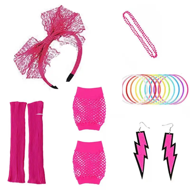 PESENAR Kostiumy i akcesoria na imprezy w stylu lat 80., Opaska na głowę z lat 80., Kolczyki, Rękawiczki z siatki, Naszyjnik, Bransoletka, Ocieplacze na nogi