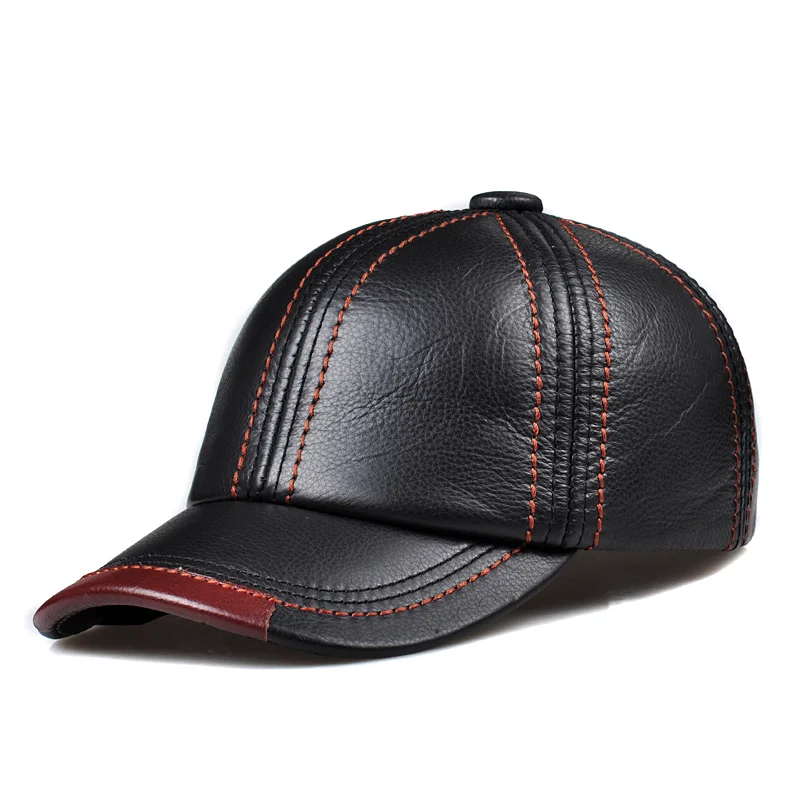 Genuine Leather Baseball Cap Men Black Cowhide Hat Snapback Male Adjustable Autumn Winter Real Leather Peaked Hats