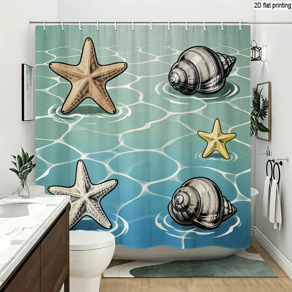 Waterproof Shower Curtain Tropical Beach Ocean Starfish Seascape Nautical Bathroom Decor Coastal Marine Luxury Seaside Wave Prin