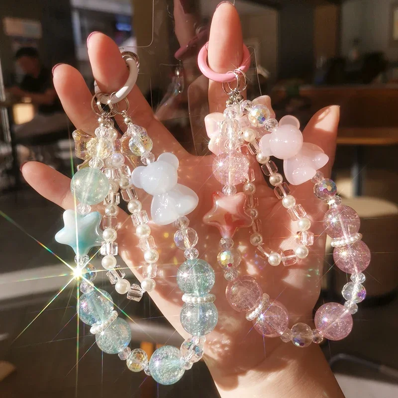 

Ремешок для телефона на запястье, искусственный бисер ручной работы, жемчужная подвесная цепочка, пятиугольная звезда, бабочка, бант, красочная Двойная Цепочка