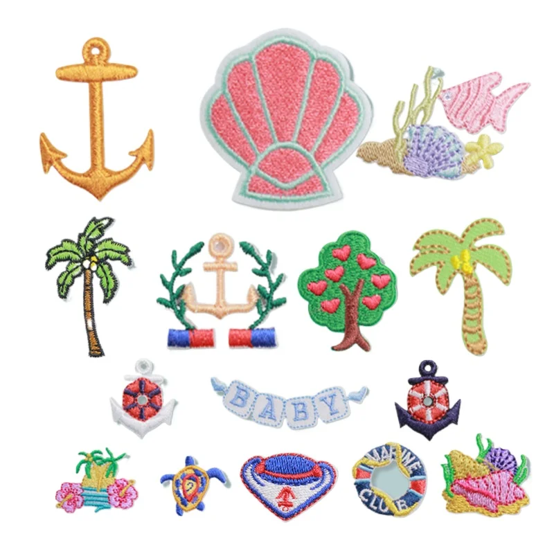 Cartoon Beach Scenery Embroidery Patches Shell Anchor Appliques Iron-on Beach Holiday Life Badges Fabric Stickers for Girls