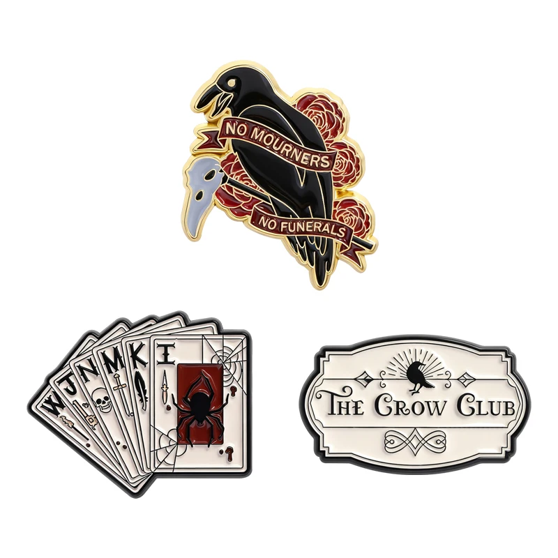The Crow Club No Mourners No Funerals Brooch Enamel Pins Punk Gothic Spider Skull Poker WJNMK Brooches Lapel Badge Jewelry Gifts
