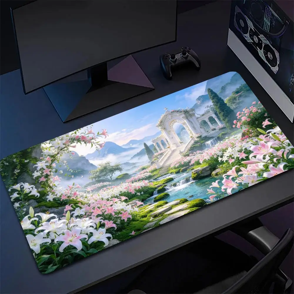 Pink Cherry Blossom River Gaming Mouse Pad Stitched Edges Smooth Glide Large Size For Bedroom