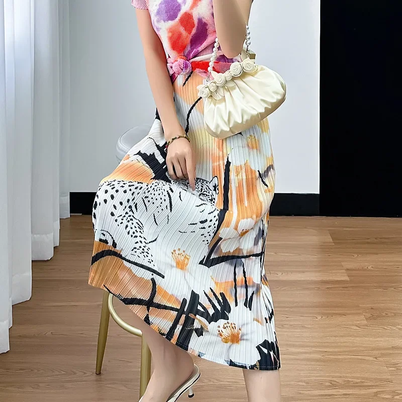 

Miyake Pleated Skirt Women's Fashion Printed High Waist Hip Elastic Waist Contrast Color Versatile A-line Skirt 2024 Summer