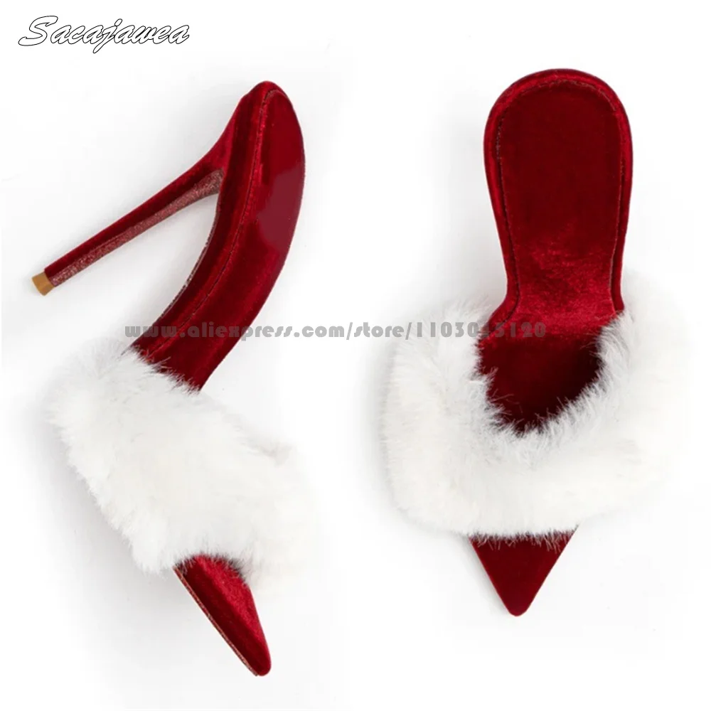 Fur Genuine Leather Silk Sole Slip Winter Slippers Size 35-35 Sexy Lady Party Outdoor Slides Pointed Toe Sexy Sandal Pumps