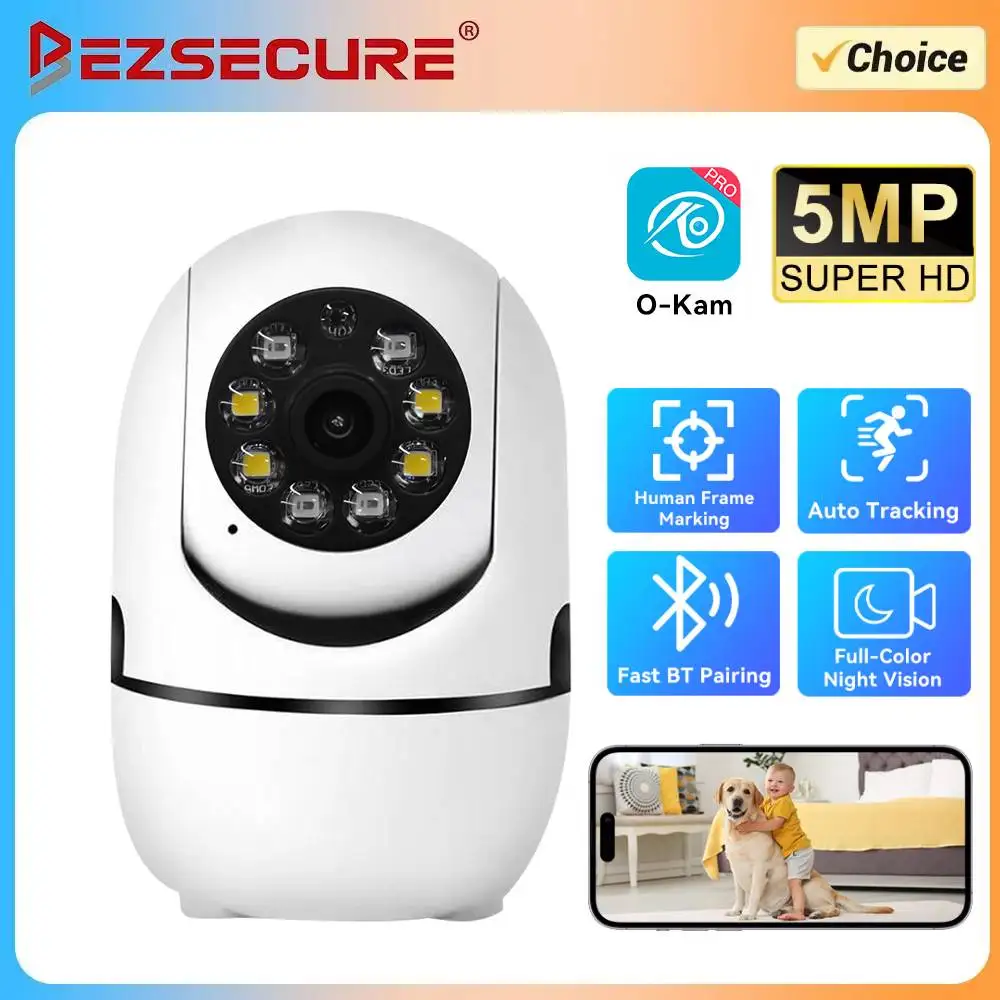

Камера Wi-Fi Bezsecure 5MP для внутреннего использования, IP-камера для домашней безопасности, цветное ночное видение, обнаружение движения, камера видеонаблюдения, приложение O-Kam pro