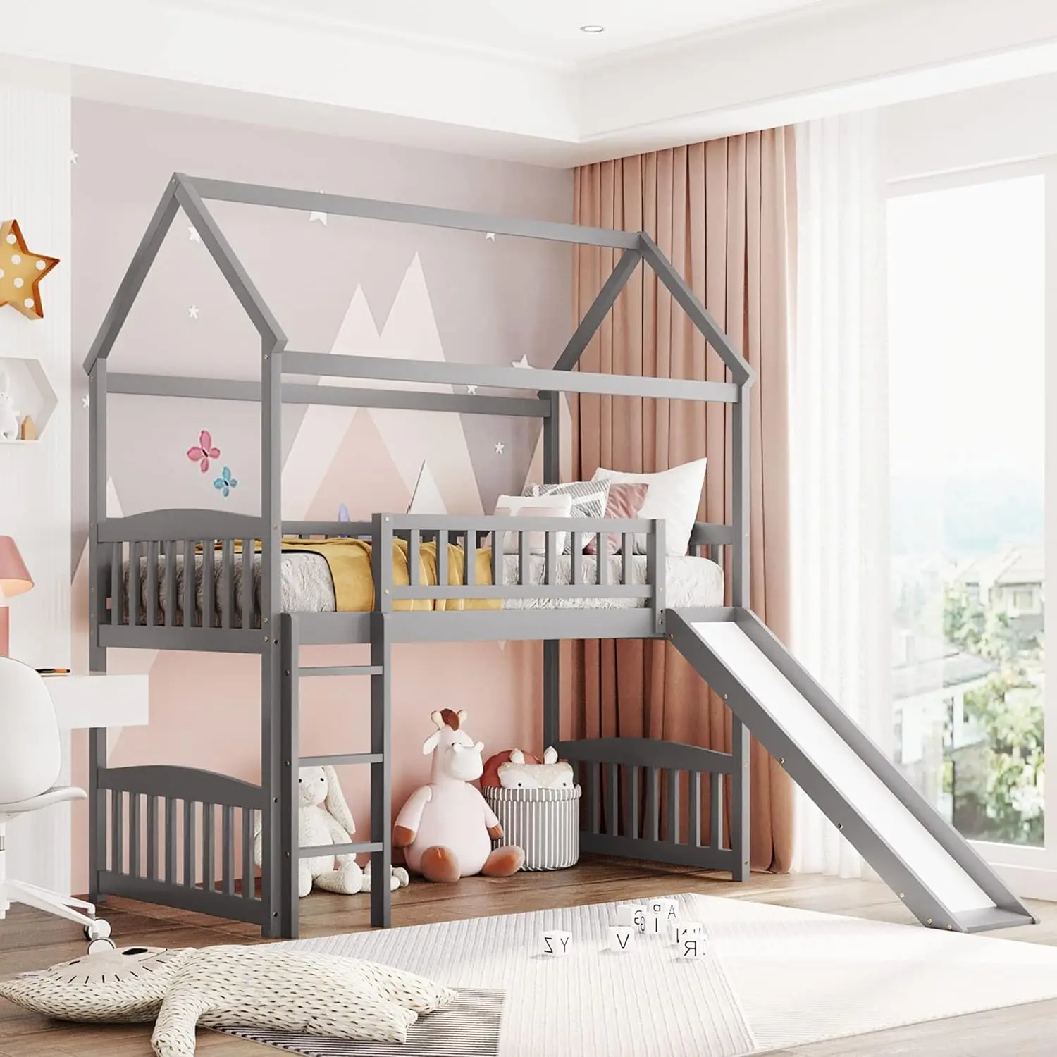 

House Loft Bunk Bed with Slide No Box Spring Needed for Teens, Girls or Boys, Twin, Gray