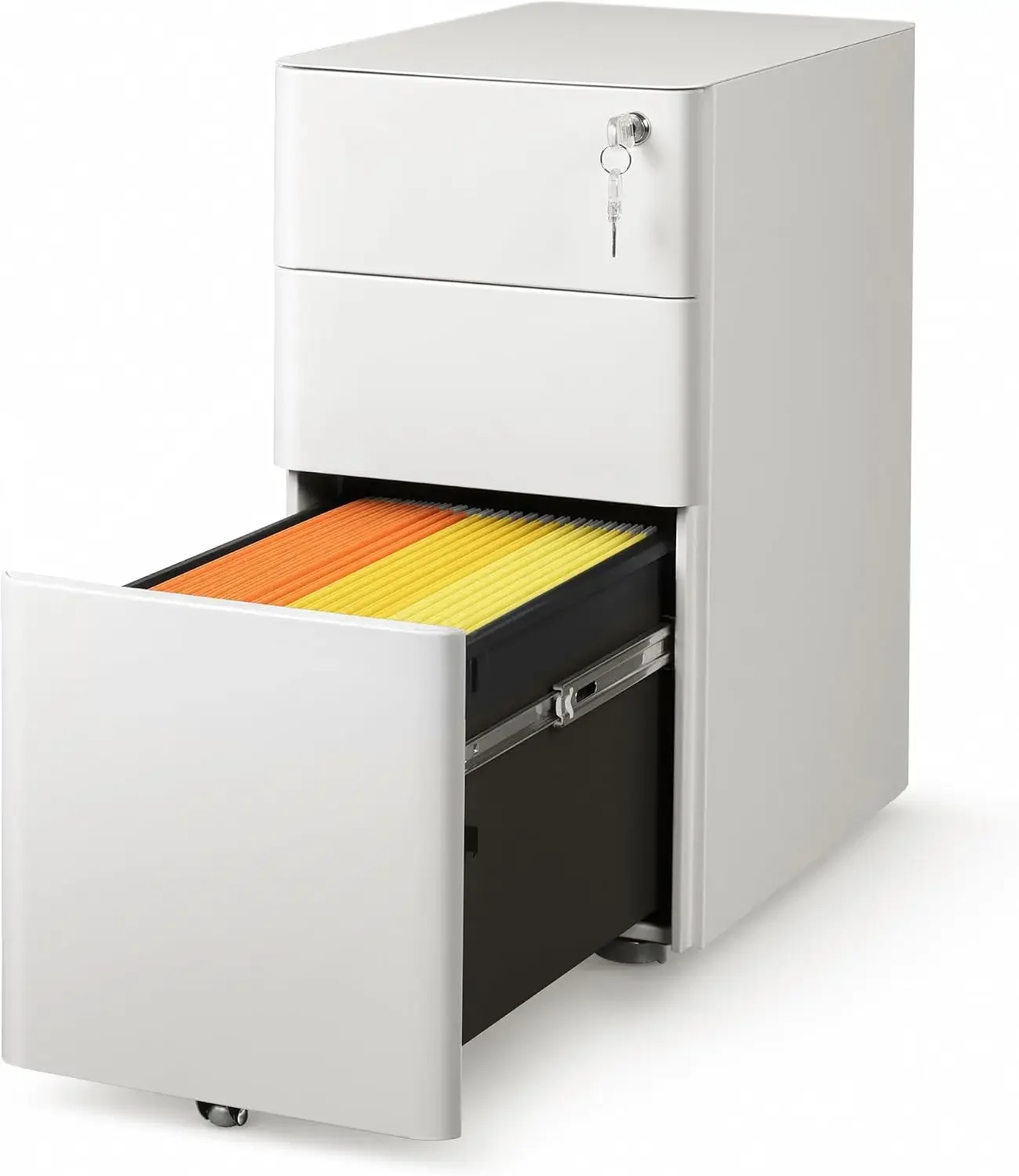 3 Drawer File Cabinet on Wheels, Fully Assembled Except Casters | Slim Metal Filing Cabinet with Lock, Under Desk Storage