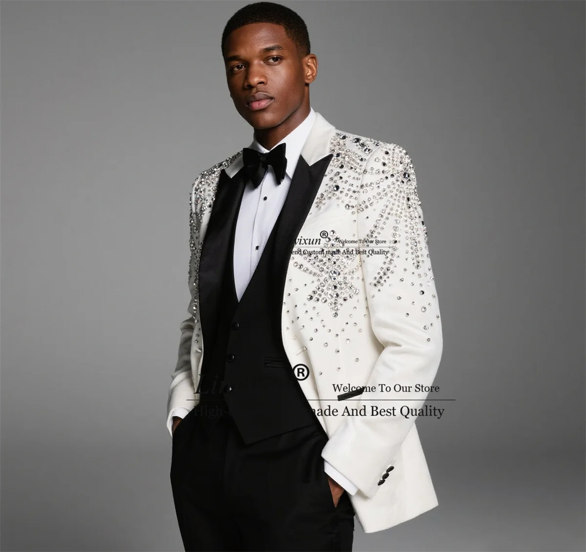 

Handsome Slim Fit Men Suits 3 Pieces Sets Groom Male Blazers High End Crystals Diamond Customized Wedding Tuxedos Ropa hombre