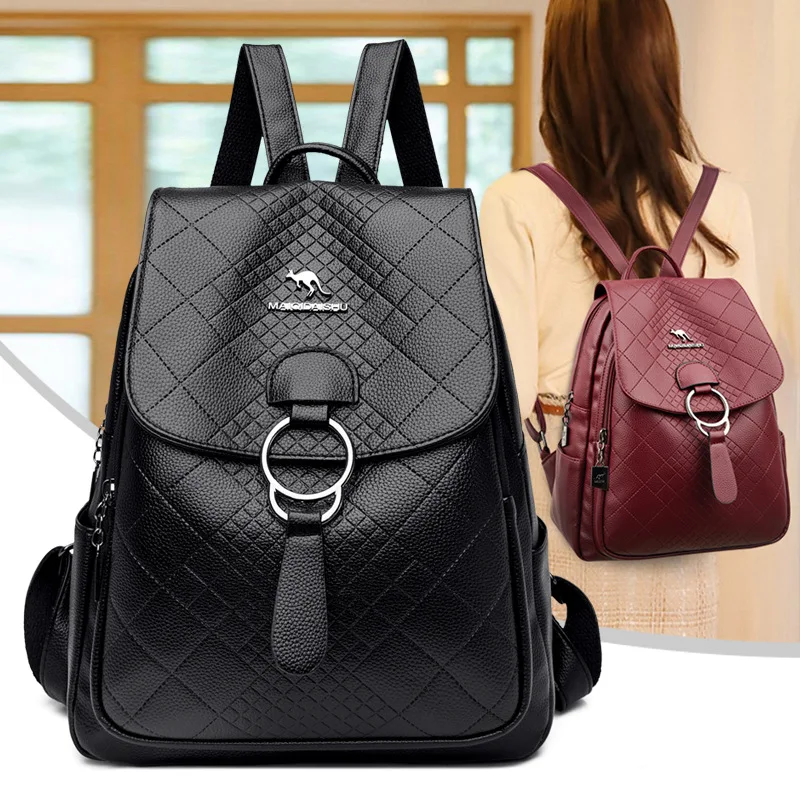حقيبة مدرسية بسيطة من جلد البولي يوريثان للنساء، حقيبة ظهر صغيرة للسفر متعددة الجيوب وخفيفة الوزن للنساء #1