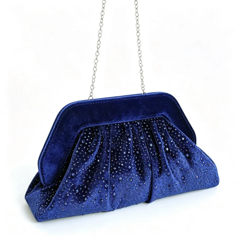 Elegant Velvet Embellished Rhinestone Cloud Bag Winter Autumn Fashion Evening Bag for Women Luxury Royal Blue Clip Clutch Purse