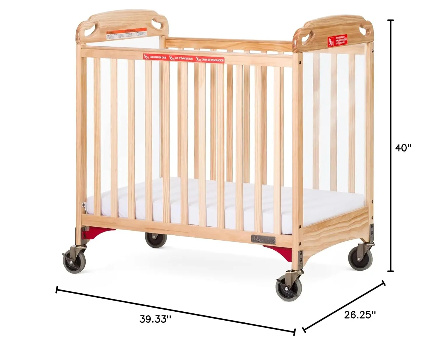 Child Craft Safe Haven Daycare Evacuation Wooden Compact Portable Crib with 4" Casters, Features Clearview End Panels,