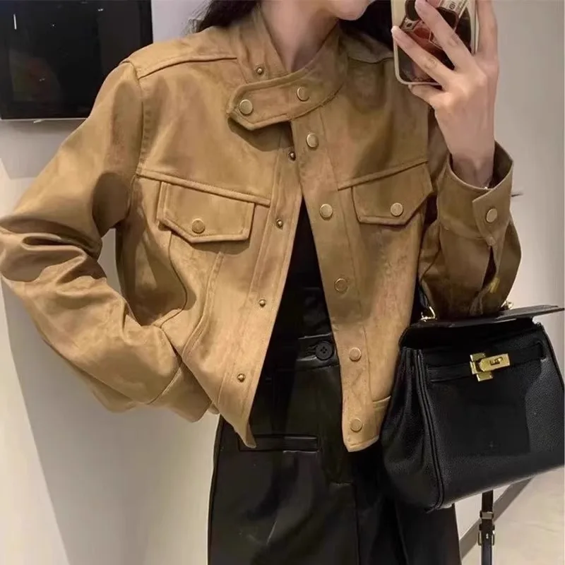 

2025 NEW Women's Loose Fit Long Sve Leather Veet Jacket Autumn Winter New Style Korean Version Short Trendy Top Slimming Ef