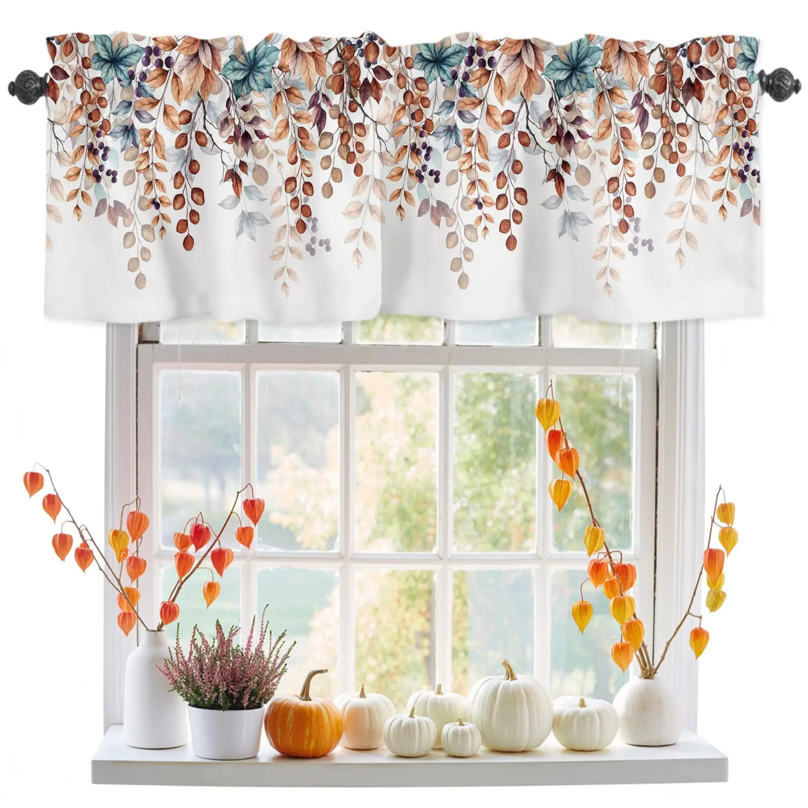 Fall Eucalyptus Maple Leaves Valance Polyester Orange Autumn Short Window Treatment 1 Panel Thanksgiving Decor for Kitchen