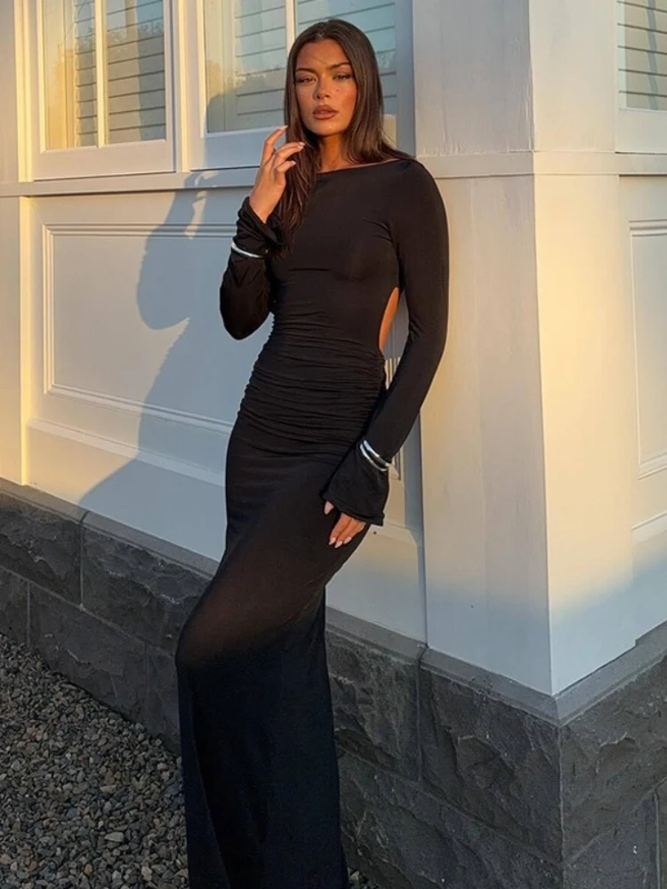 FDYOUI Sexy Aushöhlen Rückenfreies Schwarzes Kleid Party Outfit Frauen Elegante Volle Hülse Bodycon Cut Out Schlanke Lange Abendkleider
