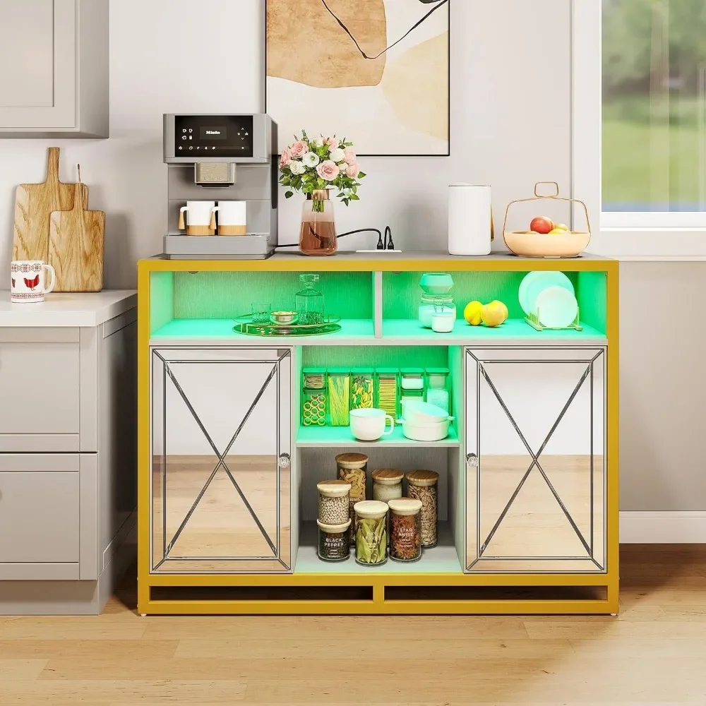 Credenza Buffet Cabinet con presa di corrente, 51 "armadietto per vino Bar a specchio con luce a LED, tavolo per liquori da cucina per la casa