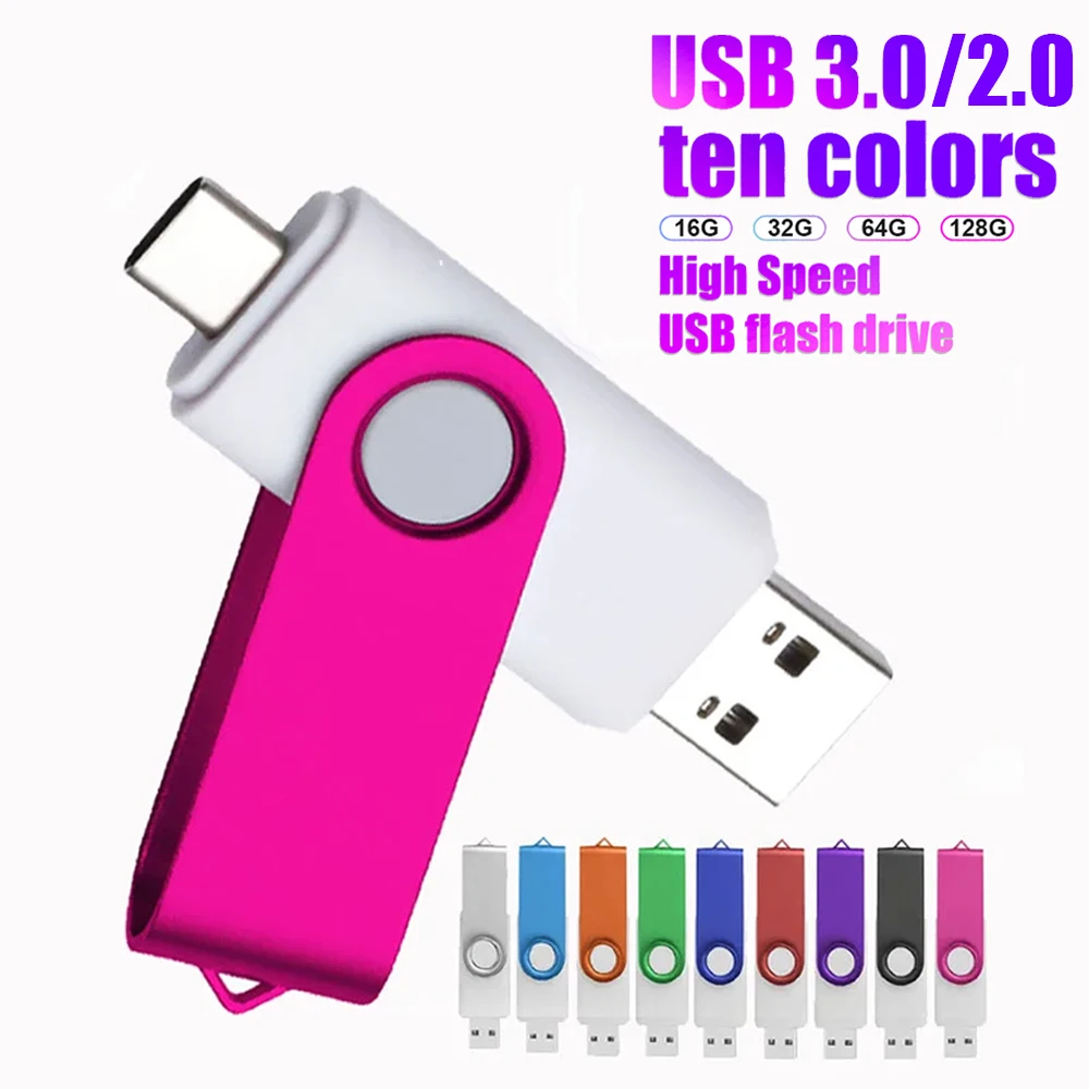 2 in 1 USB3.0 Type C Flash Drive 128GB High Speed Pendrive 64G Free Key Chain Pendrive 32G Orange USB Stick 16G Free Custom Logo
