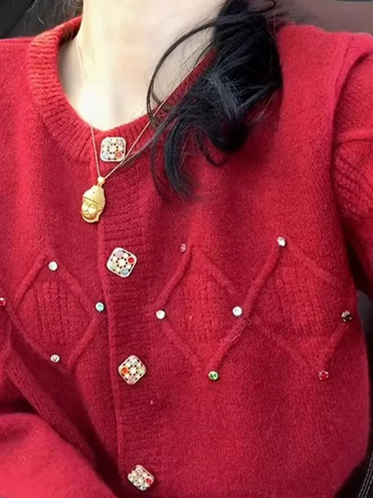 

Comfortable Knitted Cisas Red Aosphere Sensation Single Row Color Diamond Button Open Cardigan Sli Outerwear Sweater