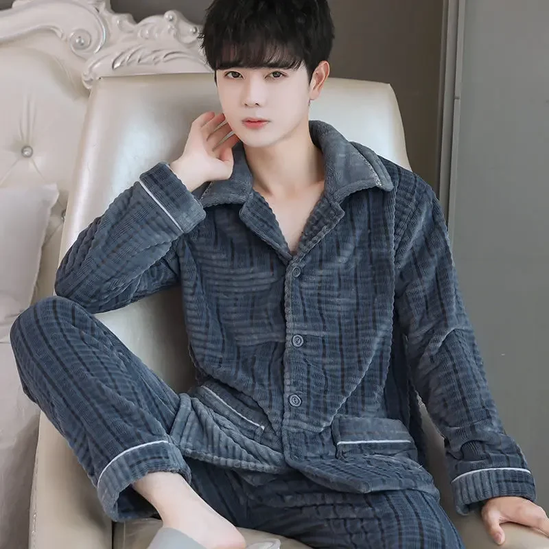 Coral Velvet Sleepwear Men Pajamas Set Warm Button Thick Long Sleeve Pants Nightwear Flannel Homewear Sets Korean Fashion New