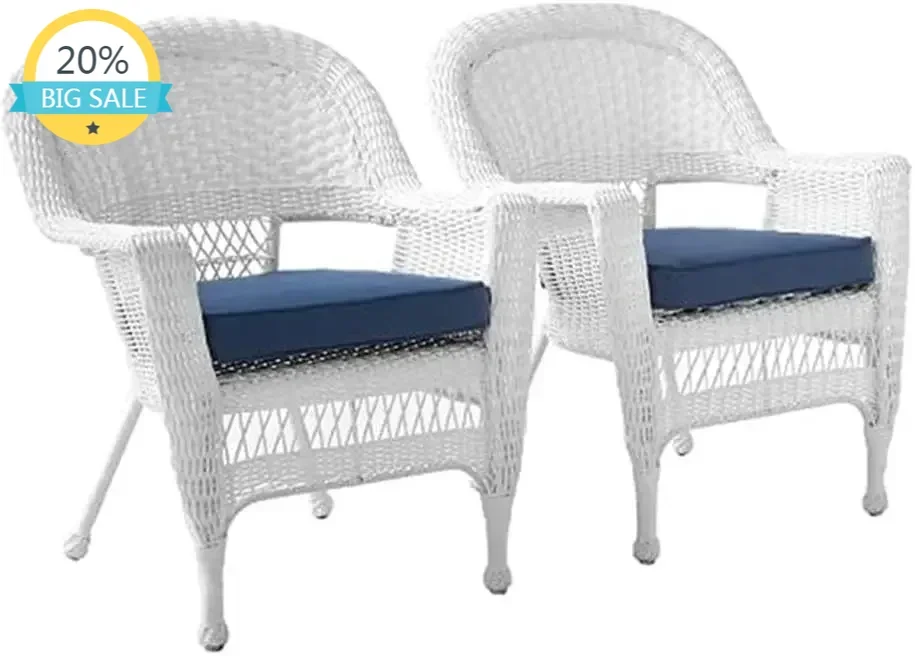 

Wicker Chair with Blue Cushion, Set of 2, White