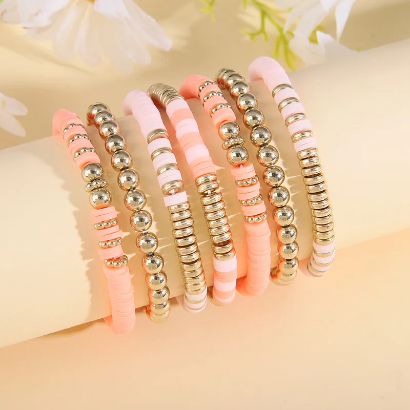 6/7pcs Bohemian Polymer Clay Bracelets Set for Women Multilayer Elastic Colorful Beads Bracelet Fashion Jewelry Set Accessories