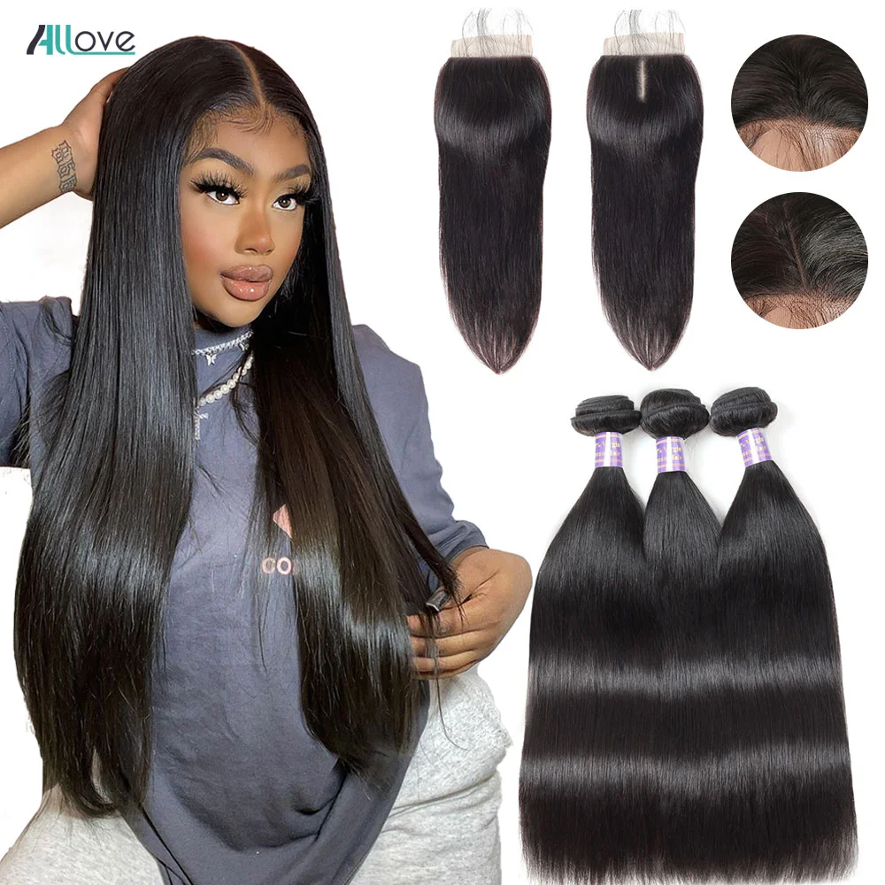 

Allove Straight Bundles With Closure Peruvian Human Hair Bundles With Closure Remy 4X4 Middle Part Lace Closure With Bundles