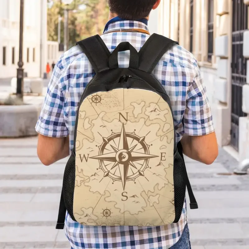 Mochilas Vintage con mapa de pirata para hombres y mujeres, bolsa de libros para estudiantes universitarios, se adapta a computadora portátil de 15 pulgadas, brújula náutica, bolsas de marinero