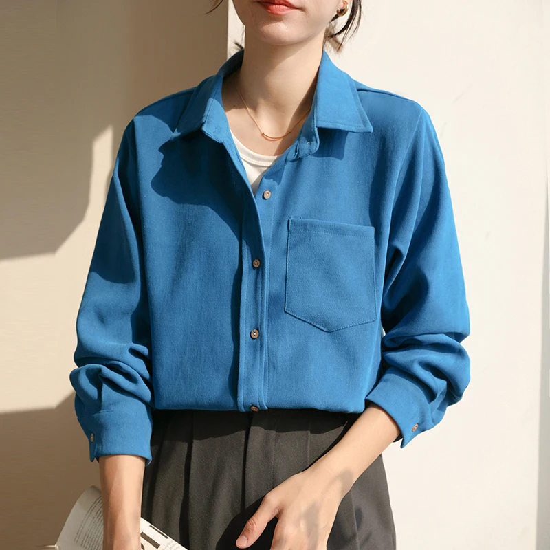 Camicette da donna da ufficio Camicette da donna in velluto a coste tinta unita Camicie vintage Moda vestibilità ampia Abbigliamento primavera/autunno Top da donna a maniche lunghe