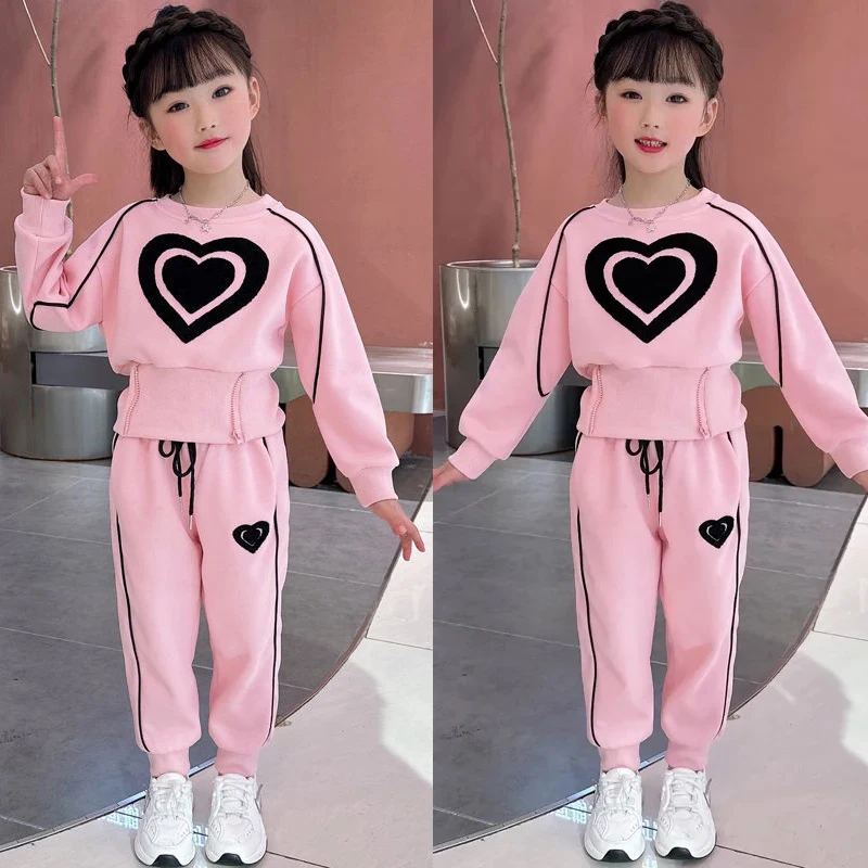 Spring Autumn New Girls Clothing Set Solid Color Heart Print Long Sleeved Sweatershirt+Pants 2pcs For 4-12Y Kids Casual Outfit