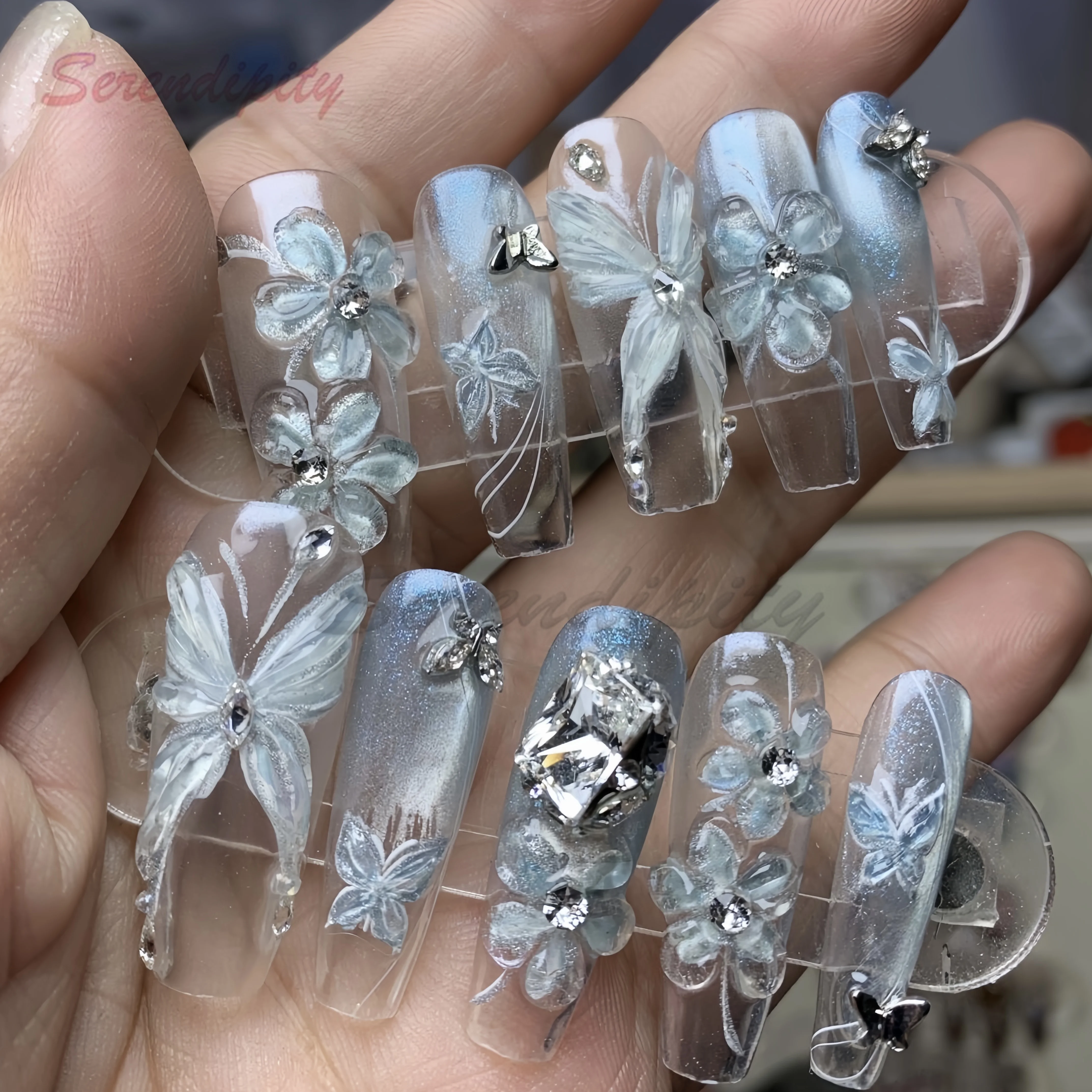 10Pcs Wearable Colorful Butterfly Designs French Press on Nails Long Ballet False Nails with Rhinestone acrylic Fake Nails tips