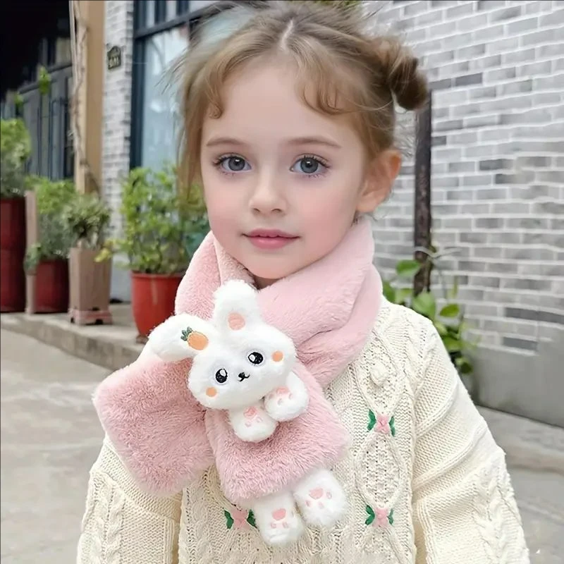 Boys Girls Winter Scarfs Thick Plush Cross Children\'s Scarf Baby Bib Cute Cartoon Rabbit Faux Fur Neck Protection Warm Shawl