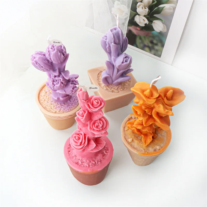 Rose Tulip Flowerpot Candle Silicone Mold Gypsum form Carving Art Aromatherapy Plaster Home Decoration Mold Gift Handmade