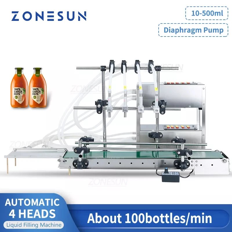 ZONESUN ZS-DTDP4G Automatic Bottle Liquid Filling Machine 4 Heads Water Filler Diaphragm Pump Juice Cosmetic with Conveyor Belt