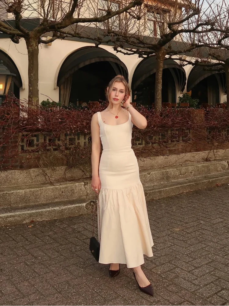 Abito lungo a pieghe solido Abito lungo da donna elegante con scollo quadrato senza maniche con spalle scoperte Abiti maxi slim Abiti da sera da donna