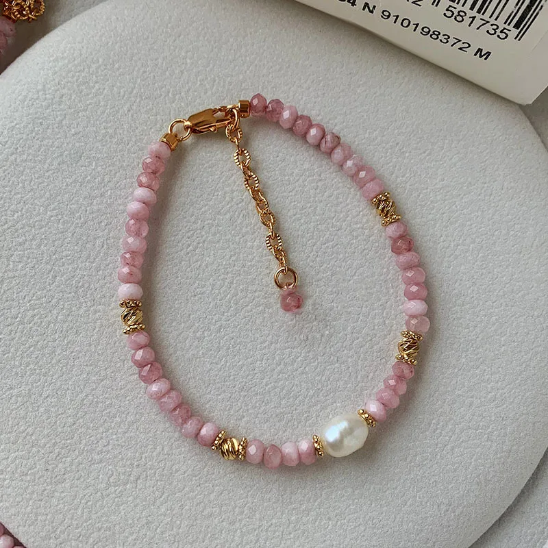 Recién llegado, conjunto de joyería femenina rellena de oro de 14 quilates con perlas naturales de agua dulce y cristal rosa a la moda para mujer, collar, pulsera, regalos