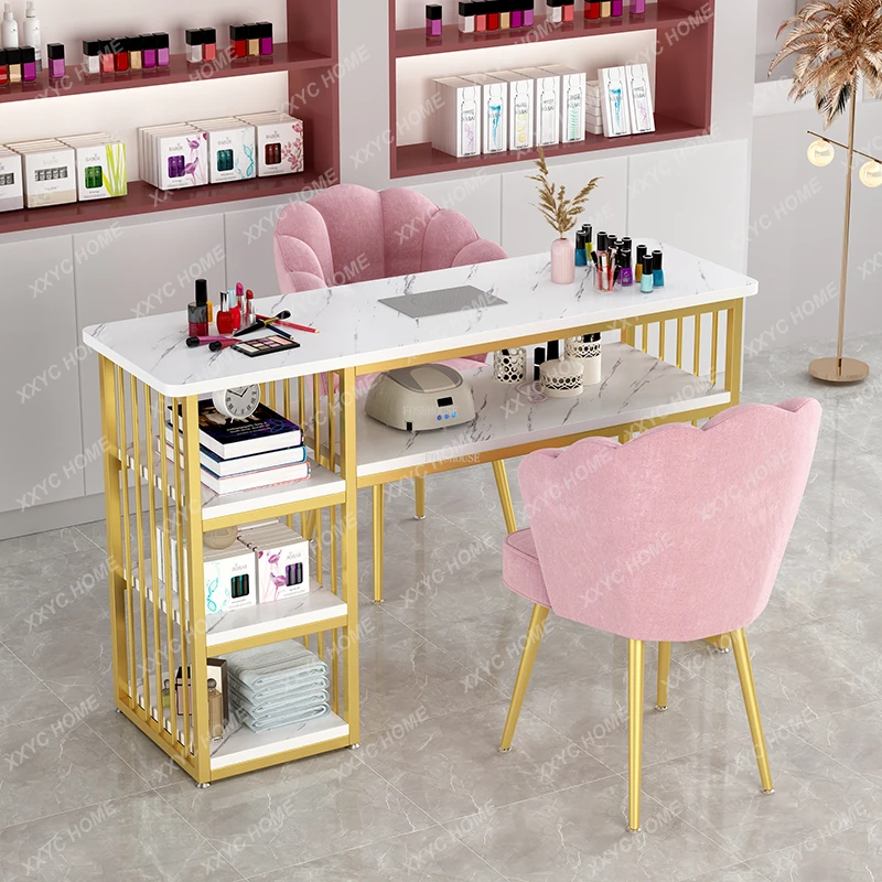 Modern Light Luxury Golden Nail Tables Nordic Professional Manicure Table with Vacuum Cleaner  Furniture Storage Nail Table