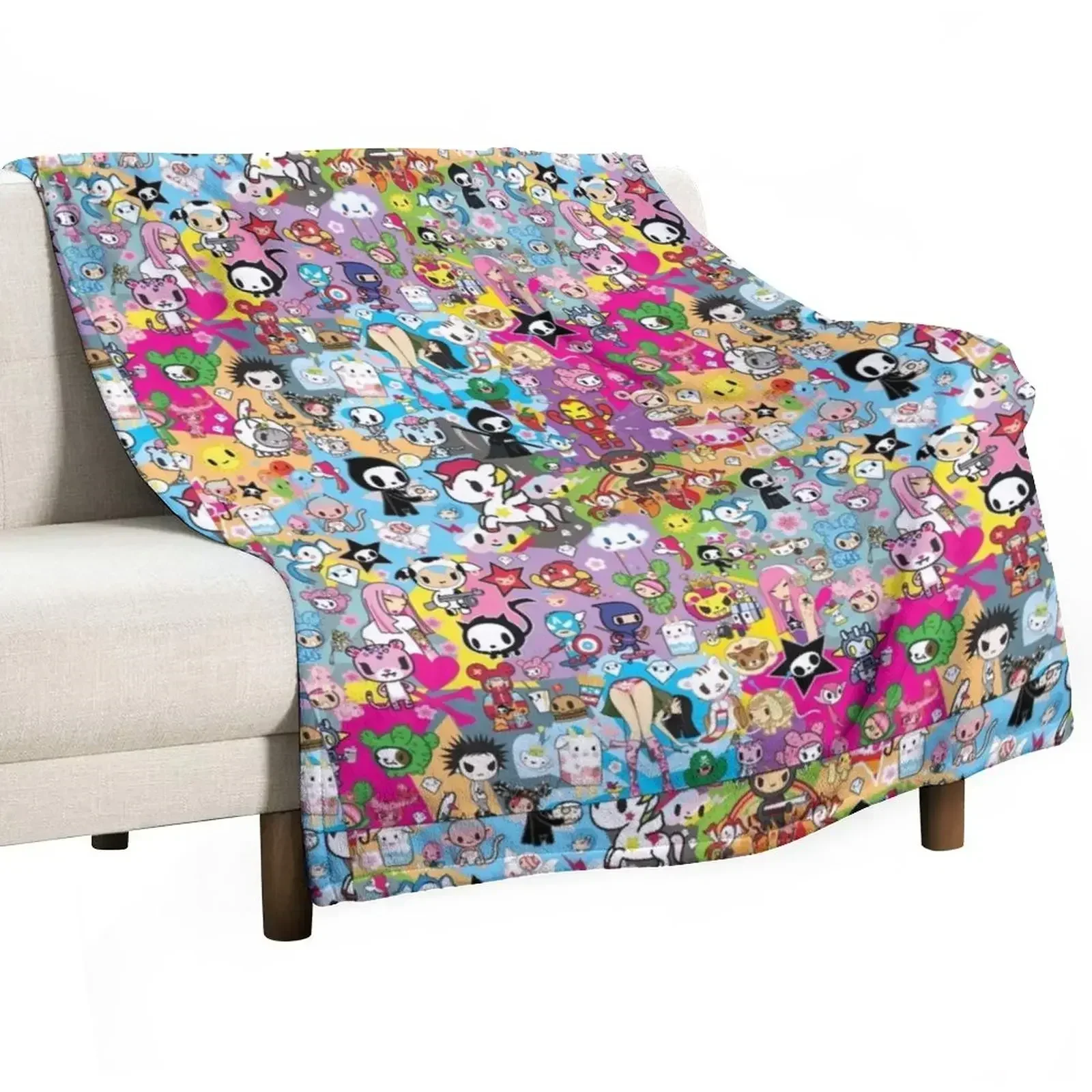 donutella and his friends unicorns mofia collaboration cartoonss,anime Chibi Throw Blanket Sofa Plaid Blankets
