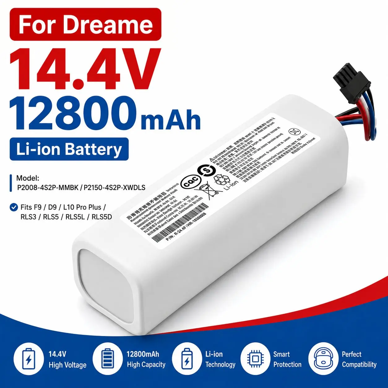 EU-Lagerbestand 14,4V 12800mAh Lithium-Akku Passend für Dreame D9 F9 D10 Plus L10 L10s Ultra Staubsauger Ersatzzubehör