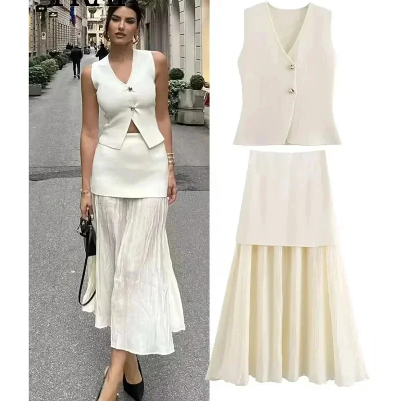 

​Knitted Pleat Patchwork Skirt 2 Piece Sets Women 2024 Summer Elegant V Neck Sleeveless Button Vest Top Skirt Lady Street Outfit