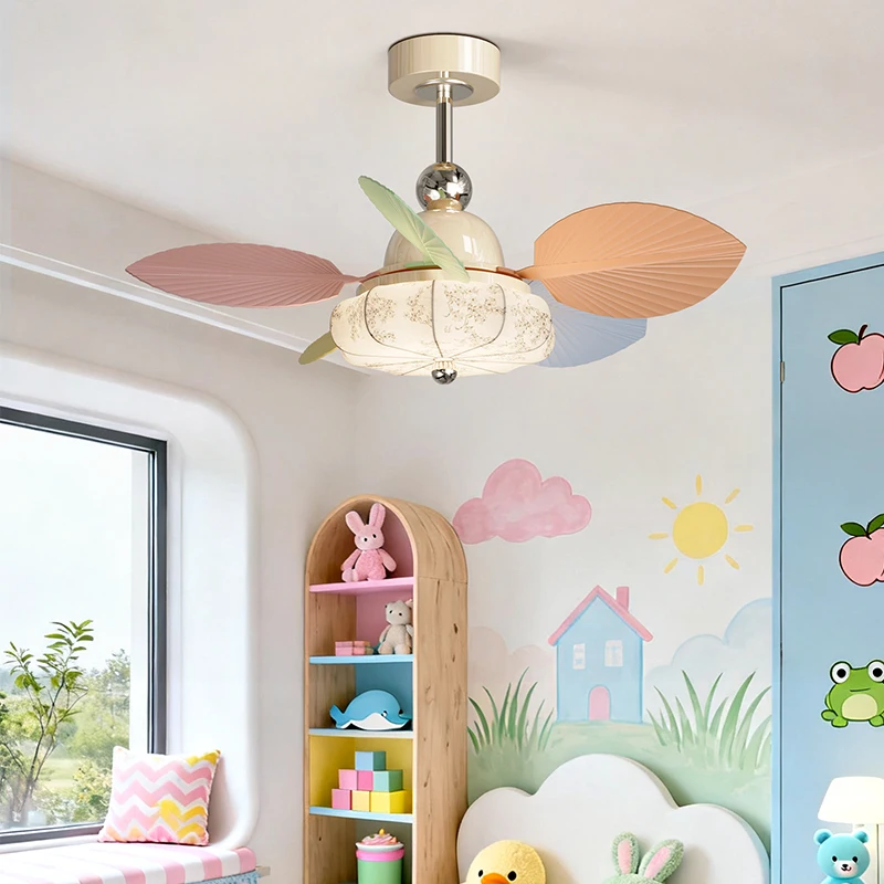 Silent Frequency Conversion Bedroom Fan Light Cream Style Macaron Fan Ceiling Light Dining Table Lighting Integrated Fan Light