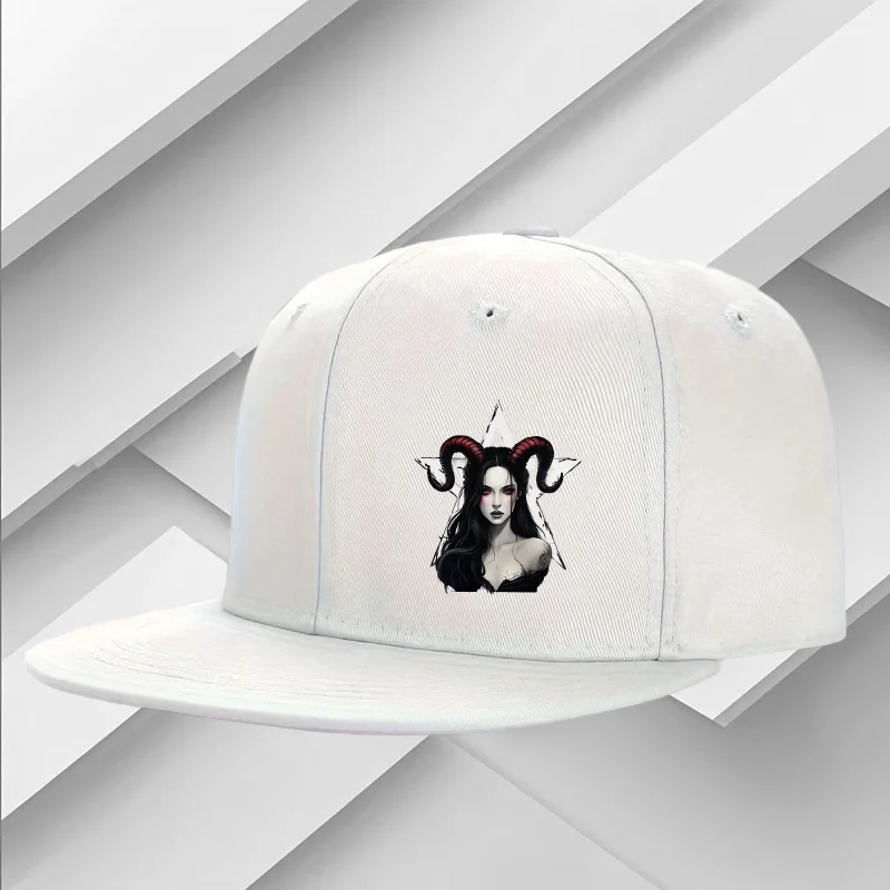 Unisex Hip-Hop Cap with Fashionable Five-Pointed Star and Ram Horn Female Head Personality Print, Suitable for Street Fashion an