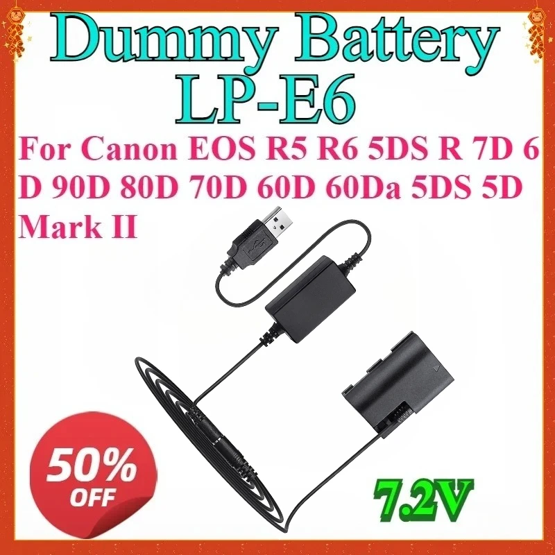 

Dummy Battery Power Supply AC Adapter Kit for LP-E6 LP E6 for Canon EOS R5 R6 5DS R 7D 6D 90D 80D 70D 60D 60Da 5DS 5D Mark II