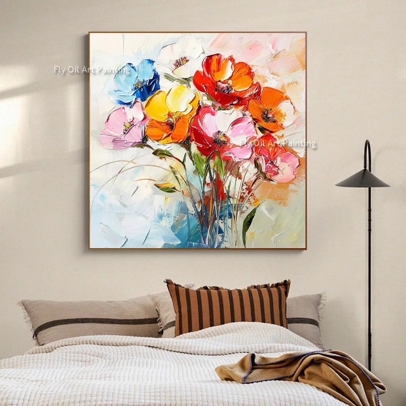Thick Impasto Hand Painted Poppy Flower Oil Painting, Colorful Palette Knife Floral Canvas Wall Art for Bedroom Home Decor