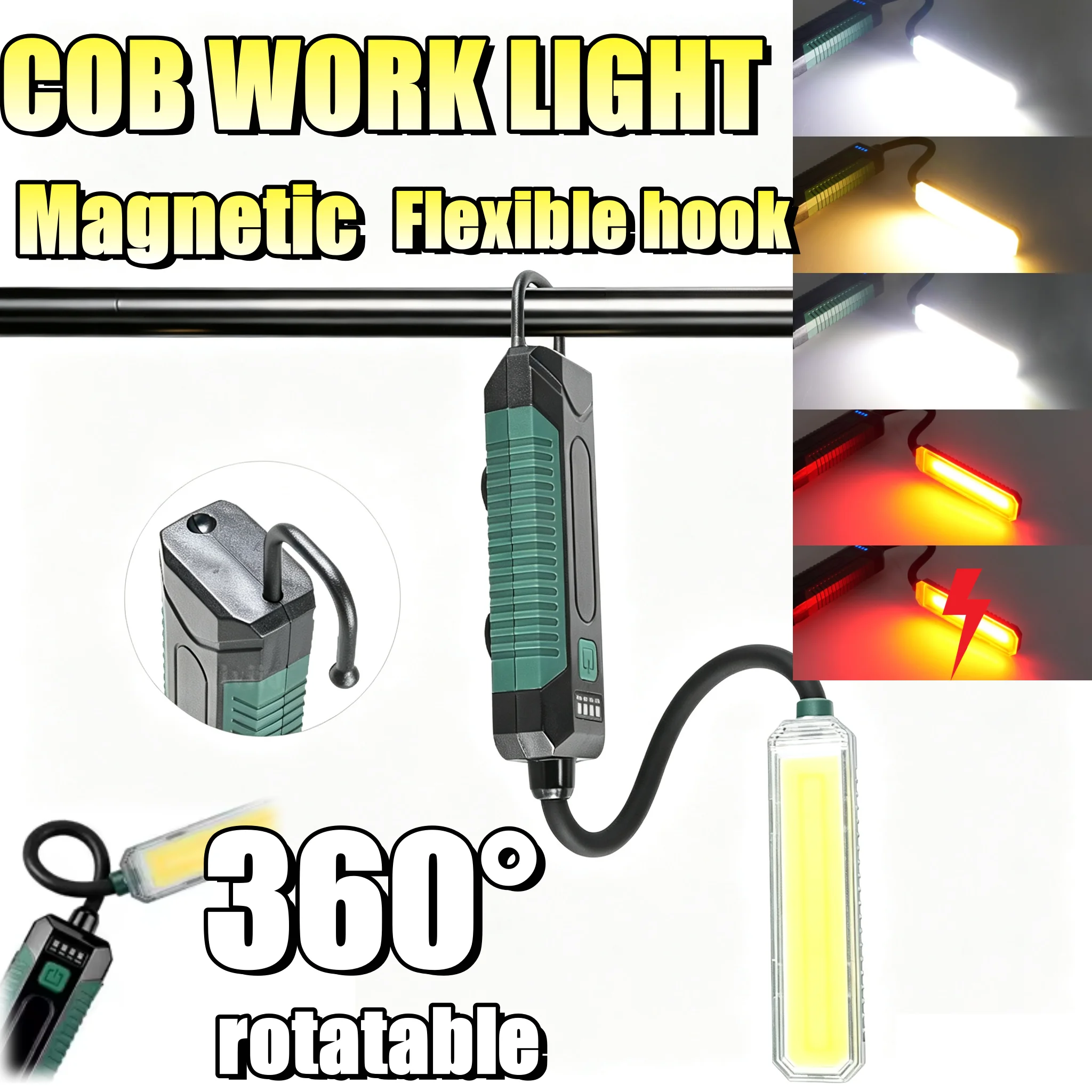 Rechargeable COB Work Light Magnetic Flexible Hook 360°Rotatable LED Inspection Torch Portable Flashlight for Car Repair Camping