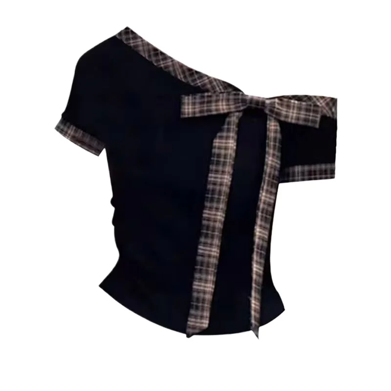 Sweet Wind Splicing Striped Straps Bow Design Short-sleeved T-shirt Women's Summer Temperament Commuting Slim Top Street Hipster