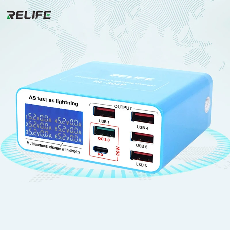 RELIFE RL-304P Smart 6-Port USB Digital Display Lightning Charger PD3.0+QC3.0 for All Mobile Phones and Tablet Charging Support