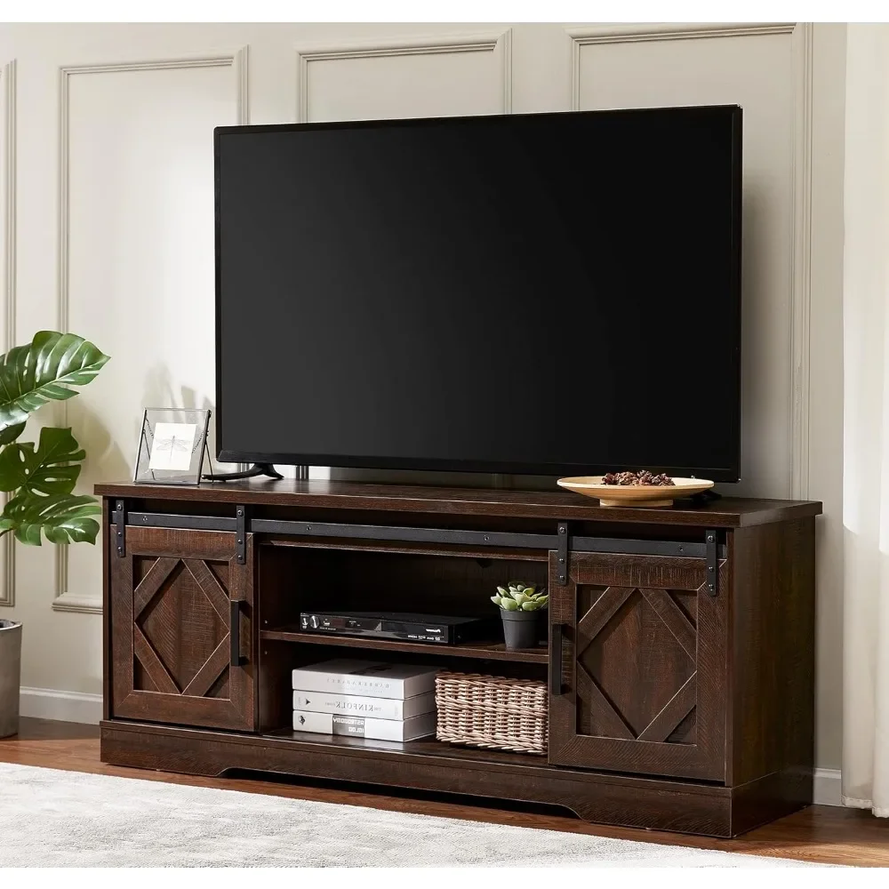 

Modern Farmhouse TV Stand for TVs up to 65 inch with Sliding Barn Door,Wood Entertainment Center with Adjustable Media Storage