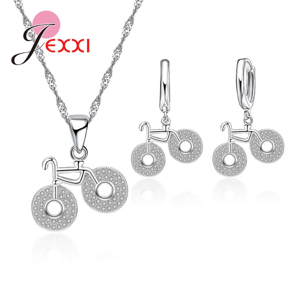 Cute Bike Shape Pendant Paved Clear Crystal Necklace & Earrings 925 Sterling Silver Jewelry Set Woman Party Gift