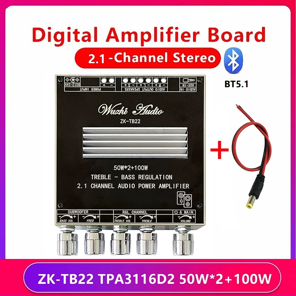 

Y23A ZK-TB22 2.1 Channel Bluetooth 5.1 Amplifier Board with DIY Case+DC Cable TPA3116D2 50Wx2+100W Tweeter Subwoofer Module